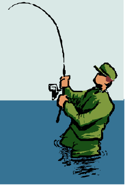 The illustration depicts a soldier fishing from waist deep water with his gear on land nearby; he is holding onto an angler's rod while standing in shallow waters of what appears to be saltwater given its blue color and lack of visible aquatic plants or debris, suggesting it might be the ocean.