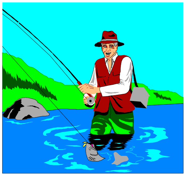 The image shows a man fishing with his dog by a riverbank; he is wearing sunglasses, has red hair, wears camouflage pants, holds two fish in one hand while holding onto another rod and line that's attached to an unseen pole or anchor point underwater.