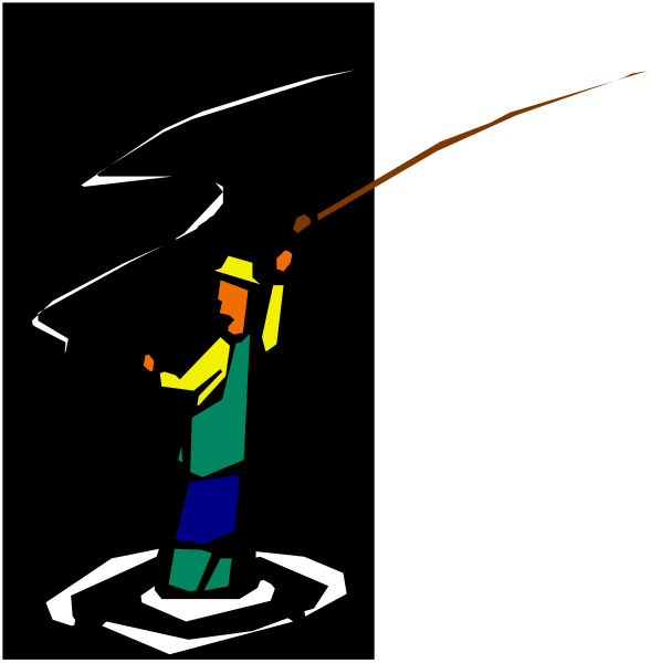 The image shows a cartoon of an angler fishing with a large fish on his line at night under a dark sky.