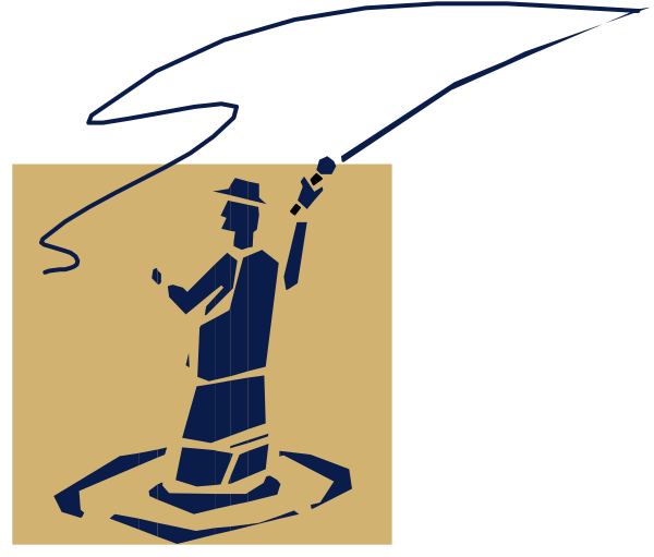 The image shows a cartoon of an angler's reel with fishing line being pulled out by someone off-screen; to its right is another icon depicting a person holding what appears to be a fish, and below that symbol there seems to be text or branding which includes the word "fishing."