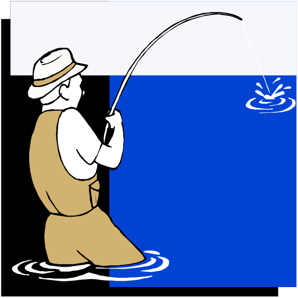 The illustration depicts a man fishing from shore with his catch of fish nearby on land.
