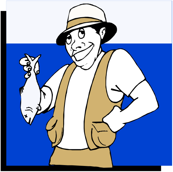 The cartoon shows a man holding up his catch of day fishing from an ocean scene; he is wearing suspenders with fish on them, has one hand in pocket while showing off another full of freshly caught fish and smiling broadly at camera.