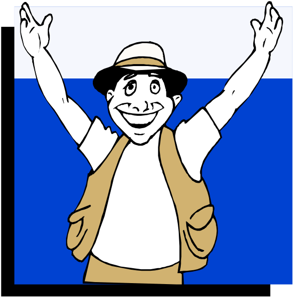 The cartoon shows a man with his arms raised high above him while standing on water; he is wearing shorts and has an exaggerated smile.