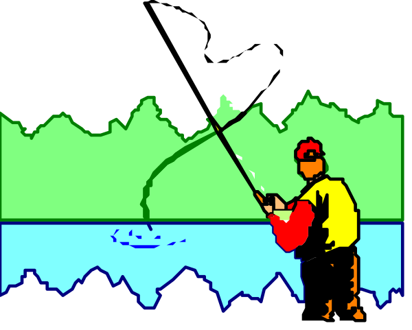 The image shows a pixelated scene of an angler fishing on water with his rod extended towards fish swimming nearby; he is wearing yellow clothing and has red hair.