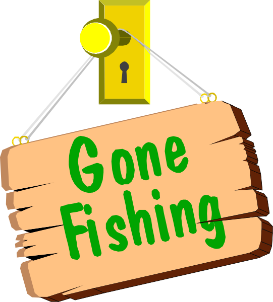 The image shows a sign that reads "Gone Fishing" hanging from what appears to be an old-fashioned door latch with a key in it against a plain background.