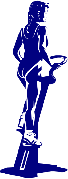 The image shows a blue silhouette of an athlete on a podium with their back to us against a dark background.