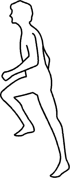 The black and white silhouette of a person running on an escalator with their arms outstretched for balance.