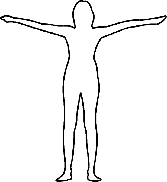 The black and white silhouette of a person standing with arms outstretched against an unseen background.