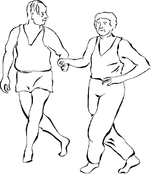 The black and white illustration shows two individuals dancing together with their arms interlocked; both appear to be wearing shorts and have a relaxed posture suggesting movement in dance.