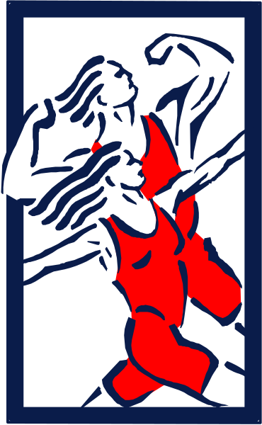 The image shows a black and white illustration of two dancers performing an embrace with their bodies intertwined against a red background within what appears to be a square frame.