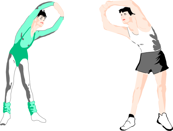The image shows three cartoon figures performing gymnastics poses: a woman doing handstands on her hands with legs raised in the air; another person demonstrating an overhead split position while holding onto their toes and looking upwards, possibly spotting or preparing for landing; and yet another figure executing what appears to be a backflip. They are all dressed similarly in athletic attire featuring shorts and tank tops of various colors like green, white, blue, red, yellow, black, gray, pink, orange, purple, brown, tan, cream, etc., with