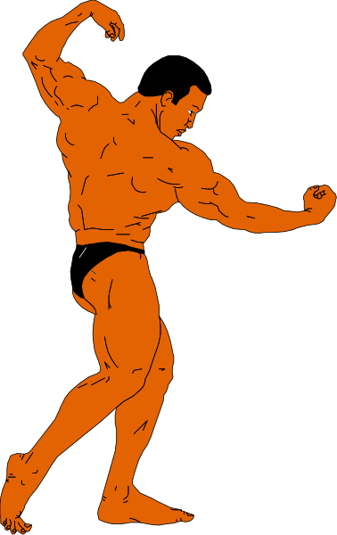 The image shows a black silhouette of an orange muscular man performing weightlifting with his arms raised above him in front of a gray background.