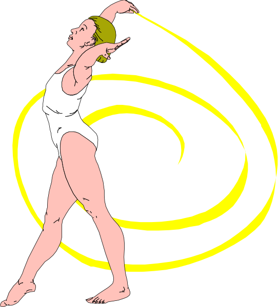The illustration shows a female gymnast performing an acrobatic move with her arms outstretched while holding onto two rings that form a circle around her body; she is wearing athletic attire suitable for gymnastics, and there's no background detail visible in the image provided.
