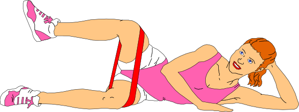 The illustration shows a woman lying on her stomach with pink sneakers resting against an object that appears to be red tape; she is looking upwards towards something off-frame while wearing athletic attire including shorts and tank top, suggesting exercise or fitness theme.