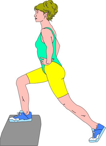 The illustration shows a woman jogging on an inclined surface with her left hand touching it for balance; she is wearing athletic attire including shorts and sports shoes.