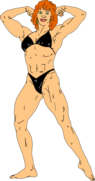 The image shows a cartoon of an athlete posing flexed with muscles visible on their arms; she is wearing a black bikini top and has short red hair.