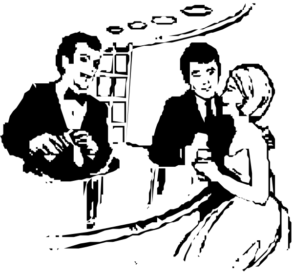 The black and white photo shows a person sitting at a table with their back to us; another figure is standing behind them holding an object that appears to be food-related in one hand while gesturing towards something out of frame, possibly speaking or explaining, given body language cues like the raised arm.