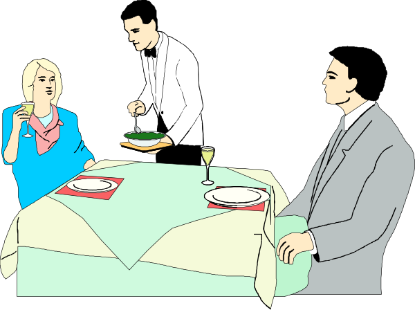 The image shows a cartoon of three adults sitting at an indoor dining table with plates on it; there's food in front of them including what appears to be pizza slices, wine glasses filled halfway up, and cutlery like forks and knives visible around the plate area. A waiter is standing behind the diners holding a tray that has drinks or appetizers on top. The setting suggests an evening meal at a restaurant with dim lighting; there's no text present in this image to provide additional context about what might be happening, such as conversation topics among guests or any