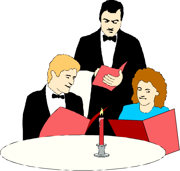 The illustration depicts a scene at an indoor dining table where three individuals appear to be seated; two men wearing tuxedos with red ties stand on either side of another person who is holding what seems like a menu, and all three people seem engaged in conversation or reading something together while the setting suggests they are waiting for their meal.