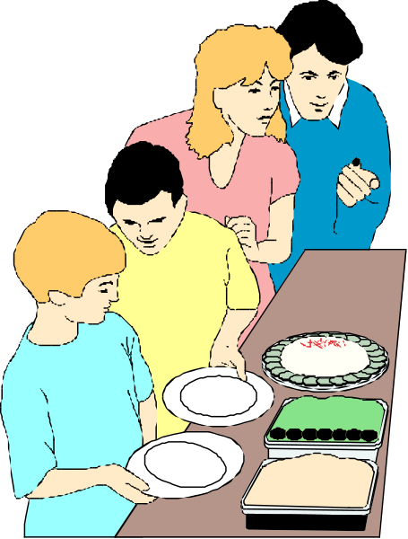 The illustration shows a family of four standing around a dining table with plates on it; there's food like cake in front of them, suggesting preparation for dinner or celebration.