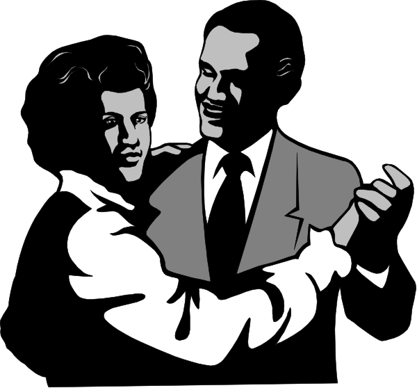The black and white illustration shows a man dancing with his arm around another person who is also holding onto him; both individuals appear to be in motion as if dancing together against a dark background.