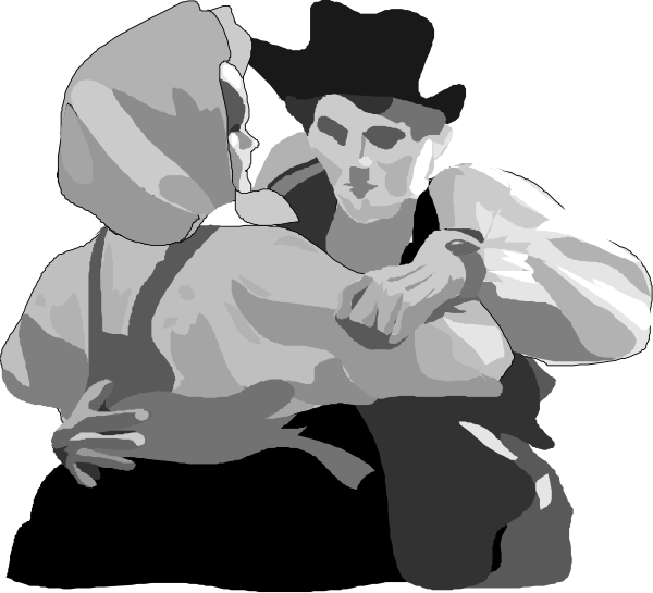 The black and white illustration shows a man dancing with another person who appears to be wearing an apron; both individuals have their arms around each other in what seems like a dance pose against a dark background.