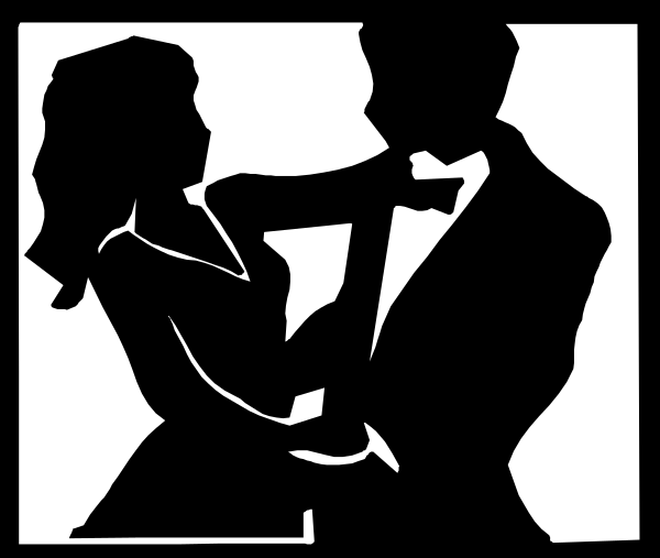 The black and white silhouette of a couple dancing together with their arms around each other against an abstract background that includes geometric shapes like rectangles and lines.