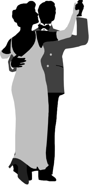 The black and white silhouette of a man dancing with his partner against an abstract background.