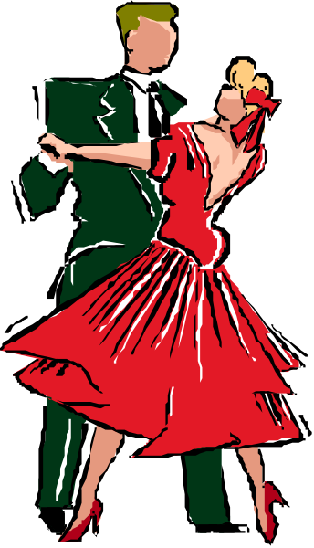 The image shows a man dancing with a woman; both characters appear to be dressed for an event such as a ballroom dance competition due to their formal attire which includes suits and dresses in reds and blacks, reminiscent of classic dances like tango or salsa.