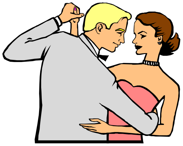 The illustration shows a man with blonde hair wearing a suit dancing closely to an elegantly dressed woman who is also in formal attire; both characters appear happy as if sharing a dance moment together on what seems like a dark background, possibly at night given their clothing and pose.