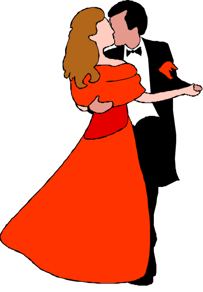 The image shows a couple dancing together; both individuals appear to be wearing formal attire with red dresses for her and black tuxedo for him.