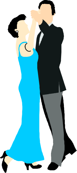 The image shows a man and woman dancing together on a dance floor; both individuals appear to be dressed for an evening event with formal attire.