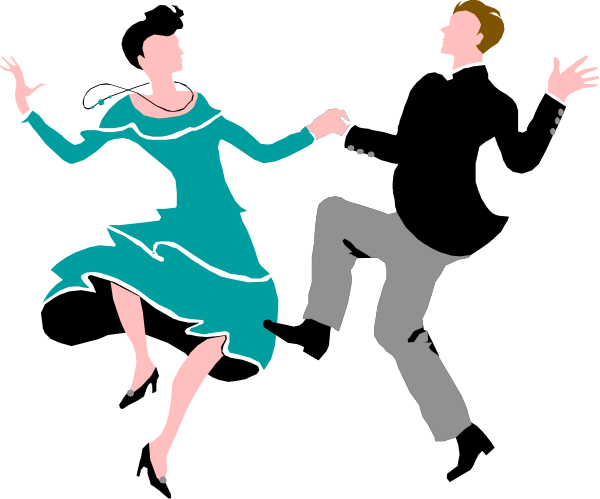 The image shows a black and white illustration of two dancers dancing together with their arms outstretched; there is no text present in this clip-art piece.