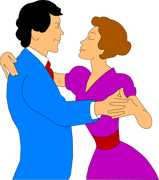 The image shows a man and woman dancing closely together with their arms around each other; both individuals appear to be dressed formally in suits and dresses respectively.