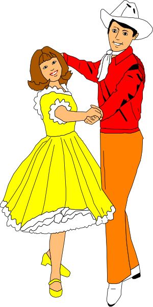The black and white illustration shows a man dancing with a woman; both characters wear cowboy hats and attire typical of western fashion.