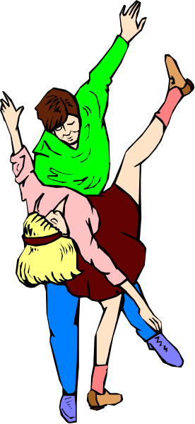 The illustration shows two animated characters dancing; a male character with his arms outstretched is on top of another female character who appears to be in motion beneath him.