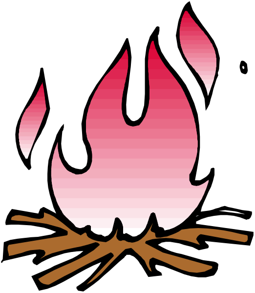 The image shows a stylized depiction of an open flame with red flames atop what appears to be burning wood sticks in front of it on a dark background; there is no text present within this clip-art graphic.
