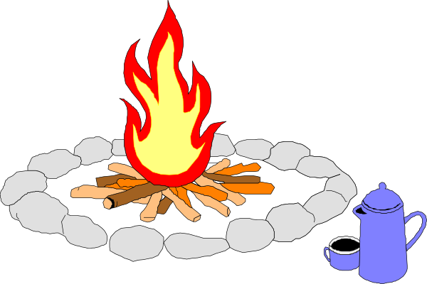 The image depicts a campfire with logs on it surrounded by stones, accompanied by two pots of water placed at either end; there is also an axe leaning against one side of the fire pit.