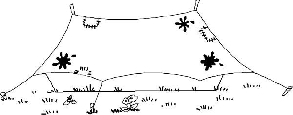 The black and white photo shows a tent with various patterns on it set up outdoors during what appears to be daylight hours under clear skies.