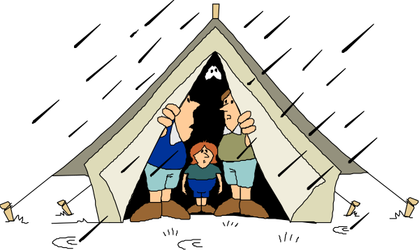 The image shows a cartoon of two adults standing inside an open tent with their backs to each other; there is also another figure that appears to be looking out from behind them.