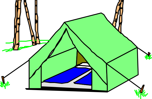 The image shows a green tent with an open door set up on grass near trees at nighttime under dark skies.