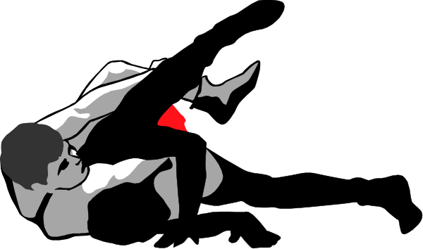 The black and white cartoon shows two figures engaged in a fight with their arms raised high above them; there is no text present within this image.