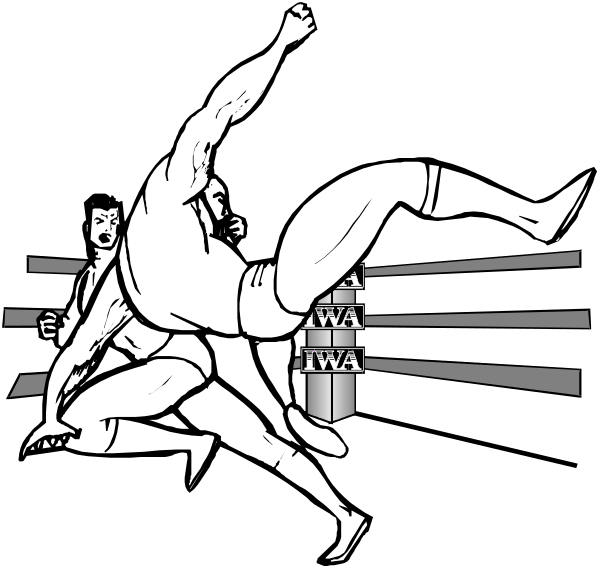 The black and white illustration shows two wrestlers engaged in a match with dynamic poses; there is no text present on this image.