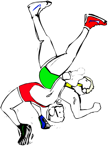 The black and white illustration shows two wrestlers performing a move on each other with their bodies intertwined; both have muscular builds and one is wearing red shoes while the other has green ones.
