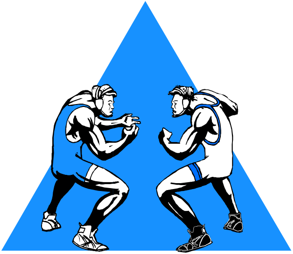 The image shows a black and white illustration of two athletes posed as if fighting each other with their fists raised in front of them; one athlete is on his toes while crouching slightly forward, wearing shorts and sneakers, against another who stands upright behind him also dressed similarly but without shoes.