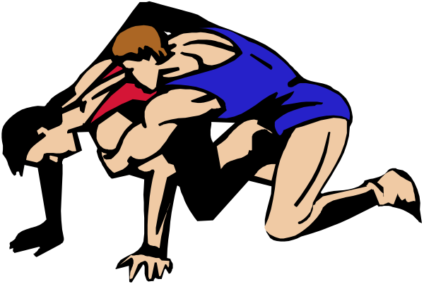 The image shows a black and white illustration of two wrestlers engaged in combat on what appears to be an athletic mat with ropes around it.