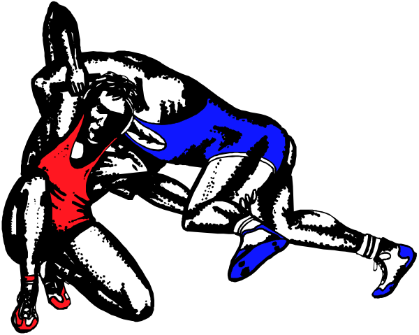 The black and white illustration shows two athletes engaged in a wrestling match on what appears to be an indoor mat with ropes around it; one athlete is wearing red shorts while the other wears blue, suggesting different teams or opponents.