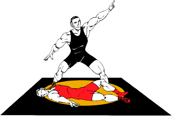 The black and white illustration shows a wrestler performing an action pose with his arms outstretched while another figure is lying on its back nearby; both figures appear to be in motion against a dark background.