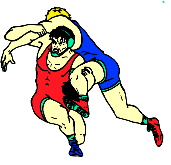 The image shows a black and white illustration of two wrestlers engaged in combat with each other on what appears to be an indoor mat surface within a ring-like structure; one is wearing blue trunks while the other wears red, both displaying muscular physiques typical for their sport.