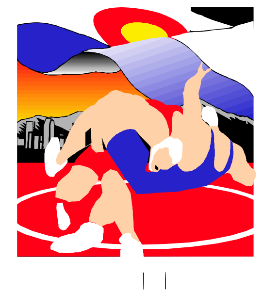 The image shows a cartoon of two wrestlers performing an acrobatic move on top of each other within what appears to be a ring with ropes visible at one side; in the background is a stylized depiction of mountains and clouds, suggesting it might represent a mountainous region or possibly a sunset.